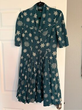 ModCloth Emily and Fin Rose Dress Teal Star & Snowflake- Vintage Style